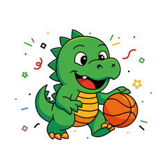 Cartoon Green Dinosaur Playing Basketball with Confetti on Transparent Background