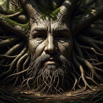 Mystical ancient tree spirit with a wise face and root beard in an enchanted forest.