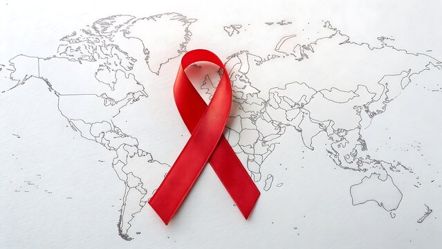 A red ribbon, the universal symbol for world aids day, is prominently displayed over a stylized world map, emphasizing the global nature of the hivaids epidemic and the collective fight