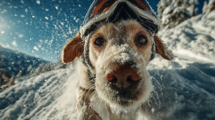 A dog wearing ski goggles runs down a snow mountain in slope