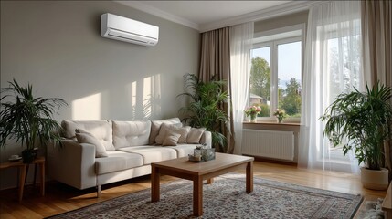 Ac splitter hanging on the wall in the living room in the apartment complex