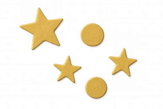 Gold glitter stars and circles on transparent background, festive decorations for celebration graphics