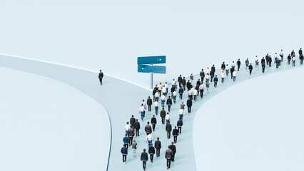 One man taking the less traveled road while crowd follows same path, individuality, courage, choice, independence - 3d render © BPawesome