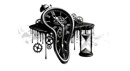 Surreal Time Melting Clock and Hourglass Illustration.