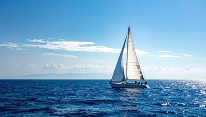 A serene sailing adventure on a clear blue sea, with distant mountains under a bright sky