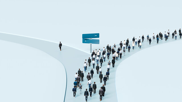 One man taking the less traveled road while crowd follows same path, individuality, courage, choice, independence - 3d render