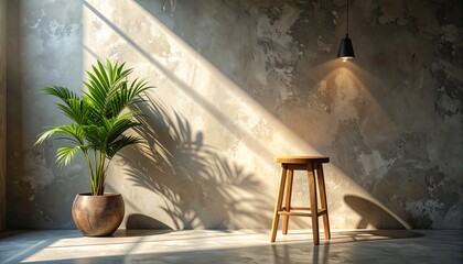 Minimalist Interior Scene with Wooden Stool and Potted Plant Under Dramatic Spotlight