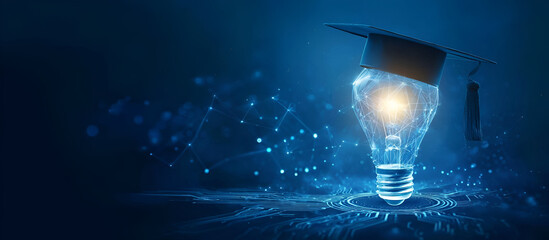 A creative lightbulb wearing a graduation cap, symbolizing innovation and education in a digital world.