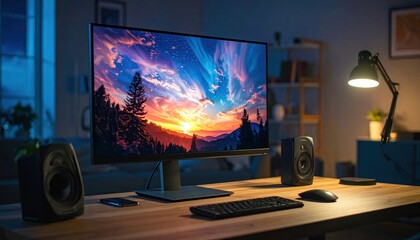 A serene home office scene featuring a vibrant sunset landscape displayed on a computer monitor