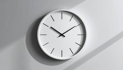 Minimalist wall clock casting a shadow on a white surface, emphasizing time and simplicity in design