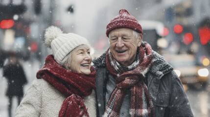 Joyful elderly couple laughing while walking outdoors in a snowy winter street scene
