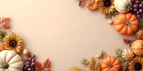 Autumn harvest decoration featuring pumpkins, sunflowers, and grapes, creating a warm seasonal atmosphere.