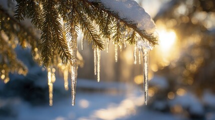 Winter spruce branch laden with snow and sparkling icicles bathed in warm sunlight