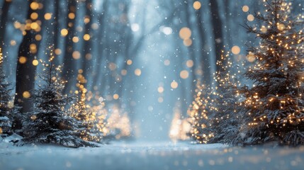 Enchanting snowy forest path with illuminated evergreen trees and sparkling golden light bokeh