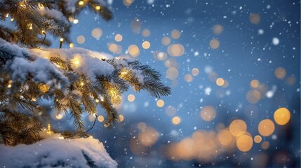 Snowy pine branches with warm string lights during winter evening with falling snowflakes and bokeh