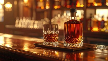 Elegant whiskey bottle and glass on a polished bar counter, with a blurred background of liquor shelves