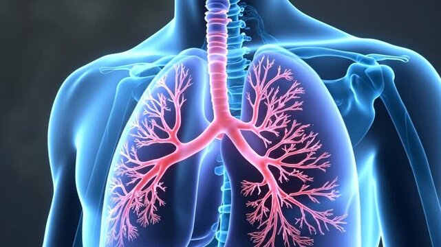 Anatomical illustration of the human respiratory system with lungs and trachea