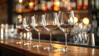 Elegant row of wine glasses on a polished bar, illuminated by warm lights with bottles in background