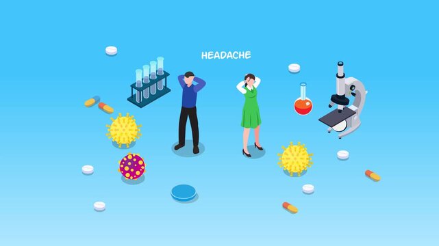 People with Headache Suffer from Sickness Caused by Virus and Germs, Medical Research, Pain and Sickness Treatment 3d animation cartoon