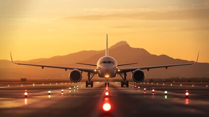 Commercial airplane taxiing on a runway towards mountains during a warm golden sunset