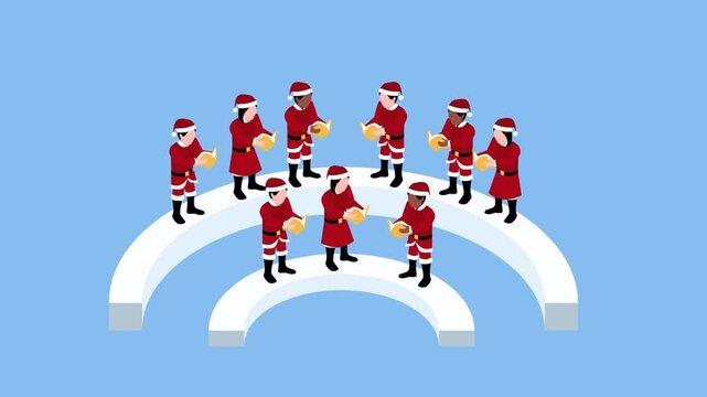 Group of Diverse People Dressed as Santa Claus Singing Christmas Carols, Holiday Celebration, Teamwork and Joy 3d animation cartoon