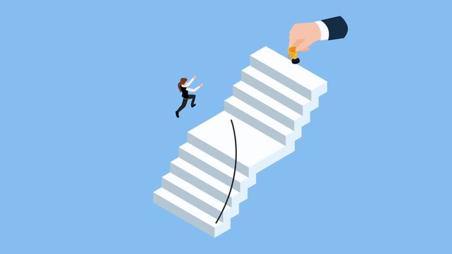 Businessman Pole Vaulting to Get a Trophy on a Staircase, Career Growth, Competition and Ambition 3d animation cartoon