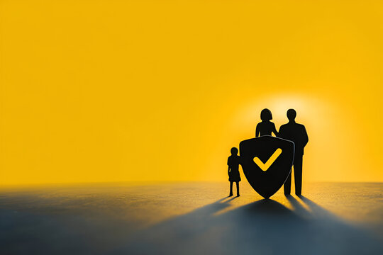 A family silhouette standing behind a shield symbolizing protection and security against concerns. - Powered by Adobe