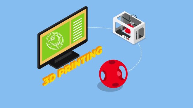 3D Printing Technology, Monitor Displaying a 3D Model Being Sent to a 3D Printer, Innovation and Engineering 3d animation cartoon