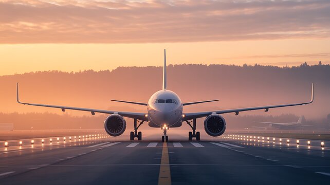 Commercial airplane on a runway at sunset with warm golden light illuminating the sky and landscape - Powered by Adobe