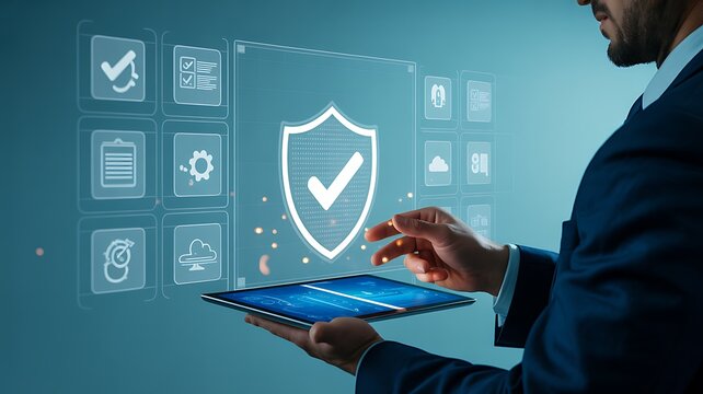 Businessman interacting with a futuristic digital interface displaying security and data protection icons on a tablet - Powered by Adobe