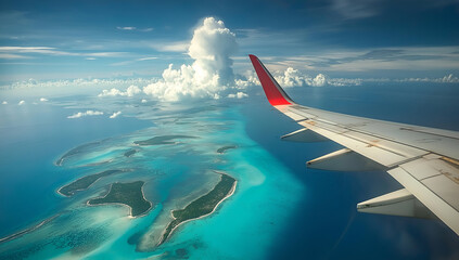 Fototapeta premium Captivating aerial view from an airplane wing over vibrant tropical islands and serene turquoise waters.