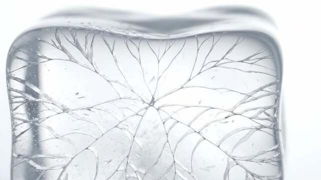 Detailed slow motion of a solid ice block fracturing into intricate cracks weakness, transparent, cracking