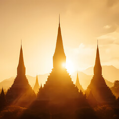 Peaceful Thai culture background with temple silhouettes and golden light.