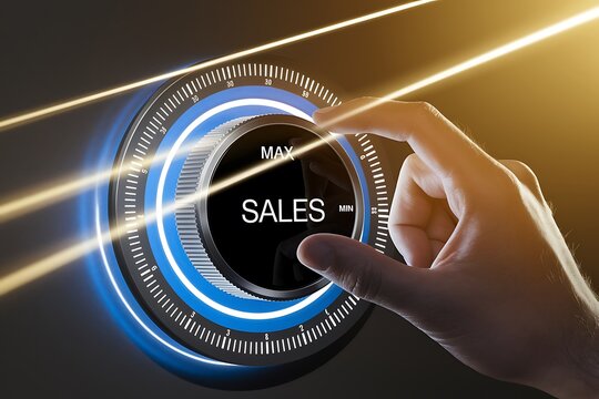 Increase sales volume, profit and revenue concept. Successful marketing strategy improving lead conversion. Business person turning knob to maximum income. Growth boost.