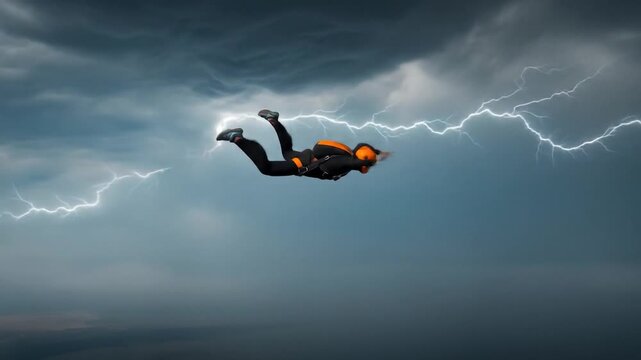 Skydiver Freefalling Through Stormy Skies with Lightning Strikes in Dramatic Scene