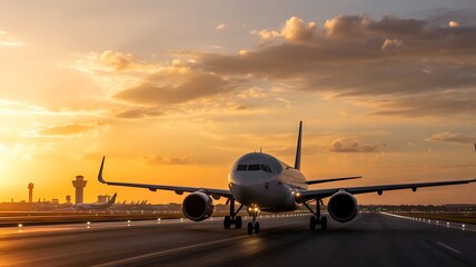 Commercial airplane taxiing on runway towards sunset at airport with control tower in background