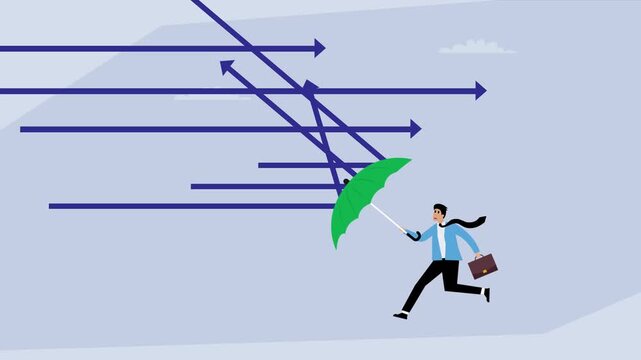 Business protection from risks and challenges. A businessman uses an umbrella to deflect several arrows pointing at him, symbolizing protection from business risks cartoon animation