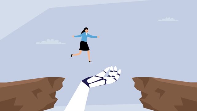 Woman helped by a robot hand to cross a chasm cartoon animation