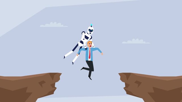 Robot and man crossing a chasm together cartoon animation
