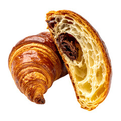 Flaky, golden croissant, cut to show the chocolate filling. Isolated on black