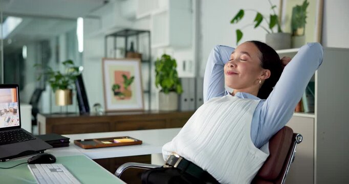 Computer, woman and relax in office with laptop, stretching or deep breathing for stress management. Happiness, screen break or calm employee resting in workplace, tech or peace for work life balance
