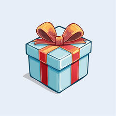 Obraz premium Cartoon illustration of a light blue gift box tied with a red and gold ribbon and bow.