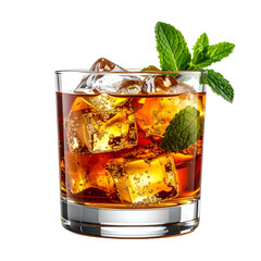 A refreshing drink in a rocks glass filled with ice cubes and mint garnish against black