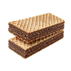 Two chocolate-cream filled wafers stacked. Textured top, dark filling, and light, crisp outside