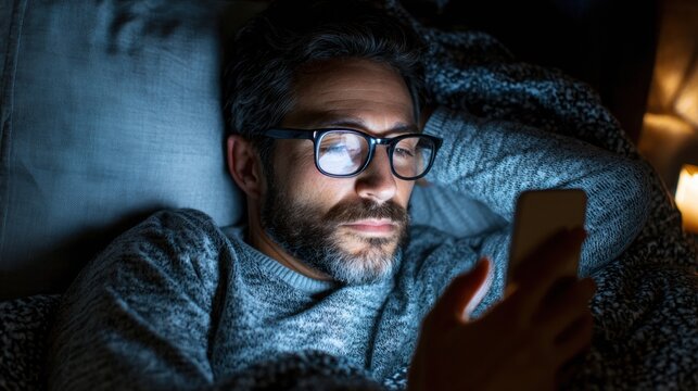 Middle-aged Man Relaxing at Home, Reading on His Smartphone Under Soft Lighting While Wrapped in a Cozy Blanket During Evening Hours