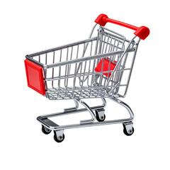 A detailed, rendered 3D image of a miniature shopping cart with red accents, against a black backdrop