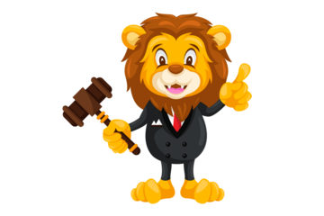Cartoon Lion Mascot Holding Gavel in Black Suit on Transparent Background with Playful Expression Thumbs Up for Law Firm Ad