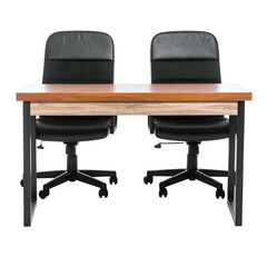 A close-up of an office desk, featuring two chairs on each side, isolated on a black background