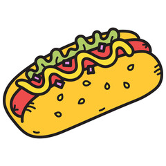 Cartoon Hotdog Doodle with Mustard Relish and Tomato on Yellow Bun Illustration Transparent Background Street Food Icon Yummy Snack Clip Art Style