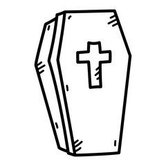 Obraz premium Line Drawing of Coffin with Cross Black and White Outline Transparent Background